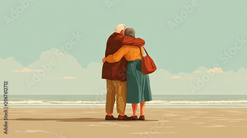 Elderly couple embracing while standing together on a sandy beach during a peaceful afternoon under a calm and clear sky