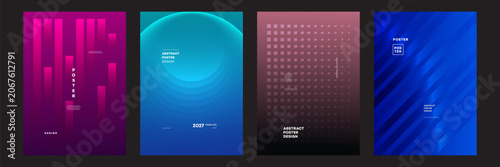 Collection of four modern abstract poster designs, featuring vibrant gradients, geometric shapes, and dynamic lines, ideal for creative projects and marketing. Lorem ipsum text present.