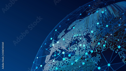 Quadro su tela Dotted globe with network connections digital illustration on dark blue backgrou