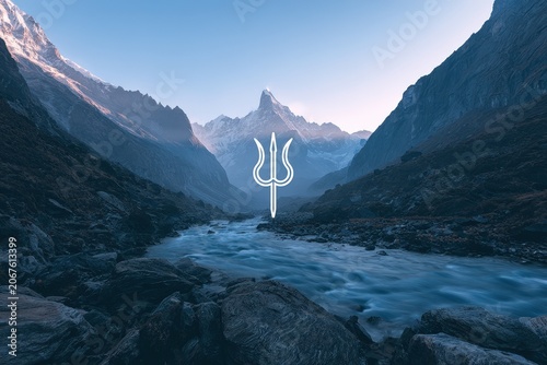 A serene Himalayan mountain landscape at dawn, featuring majestic peaks and a flowing river surrounded by rocky terrain