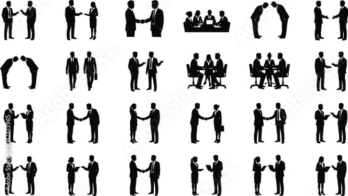 Business people silhouettes of corporate teams shaking hands bowing and meeting isolated on white background