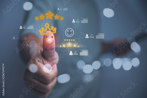Thumbs Up with Happy Smiley Face and Crown for Five-Star Customer Satisfaction Concept.