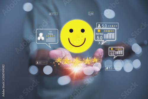 Businessman Presenting Large Happy Smiley Face Emoji and Five-Star Customer Ratings.