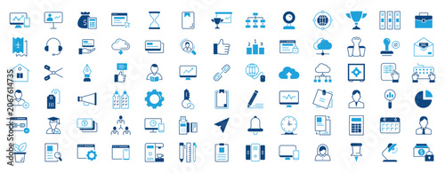 Business and office web solid icon set. Containing document, bank, contact, infographic, icon collection