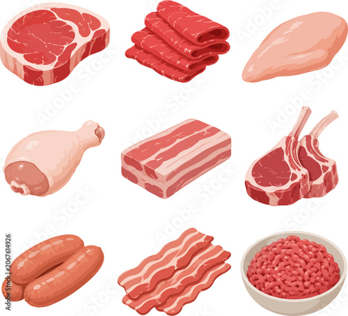 Bild auf Leinwand Meat Collection Illustration Set With Beef Chicken Pork Sausage And Bacon