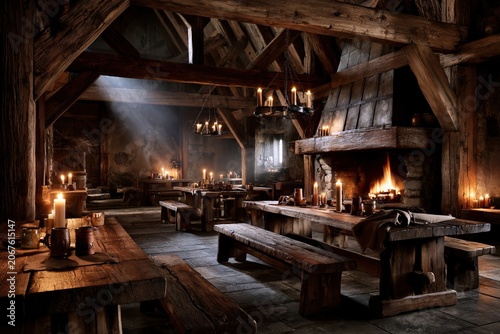 rustic medieval tavern hall with grand stone fireplace, handcrafted wooden tables and benches, candlelit ambiance, exposed timber beams and warm atmospheric light in a historic old world inn interior