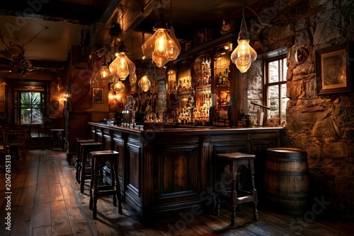rustic traditional pub interior with vintage wooden bar counter, warm amber pendant lighting and stone walls in a cozy old world tavern atmosphere with handcrafted wood details and classic charm