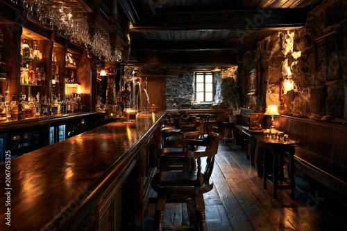 rustic pub interior with polished wooden bar counter and stone walls, cozy traditional tavern featuring whiskey collection, warm ambient lighting and classic european hospitality atmosphere