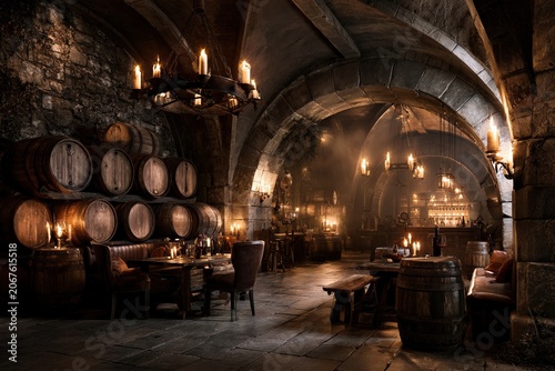 rustic medieval wine cellar restaurant with oak barrels, candlelit stone vaults and cozy tavern seating in historic underground winery interior