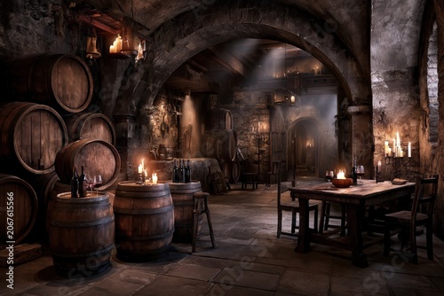 rustic medieval wine cellar tavern interior with oak barrels, candlelit stone arches, wooden tables and vintage wine bottles in a historic underground European inn atmosphere