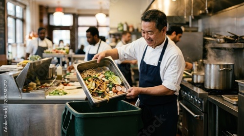 A smiling male chef disposes of food scraps into a compost bin inside a busy commercial kitchen. The scene reflects restaurant staff commitment to recycling organic waste and adopting sustainable.