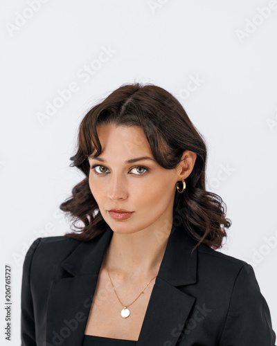 Young Businesswoman in Black Suit Portrait Isolated on White Space