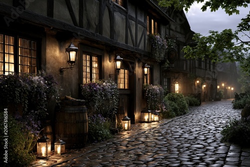 traditional European tavern exterior on a lantern lit cobblestone street, timber framed architecture with flower boxes and glowing windows, charming old town atmosphere, picturesque destination