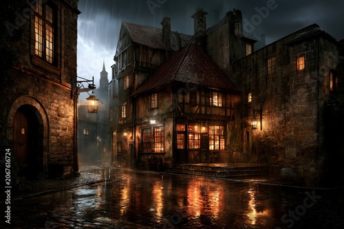 rainy evening at a traditional European tavern, historic cobblestone street with glowing lanterns, medieval architecture, warm window lights, atmospheric old town scene, romantic travel destination