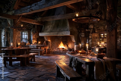 rustic medieval tavern interior with grand stone fireplace, candlelit wooden tables, exposed timber beams, traditional European inn atmosphere, warm glowing hearth, authentic old world architecture