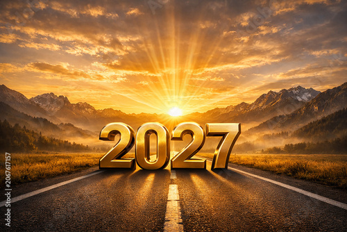 Luxury New Year 2027 Celebration Banner with Metallic Gold Numbers on Navy Gradient