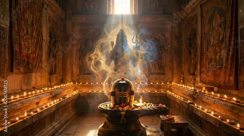 Shiva Ancient Lingam with Shiva Divine Form in sacred temple, made by Ai