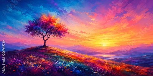 A dreamy lone tree overlooking vibrant flower-covered hills beneath a glowing sunset sky, creating a magical fantasy landscape filled with color and imagination.