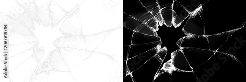 Realistic shattered glass hole with radial cracks and sharp fragments isolated effect for screen or window damage white and grey transparent png overlay for design impact texture element broken crack
