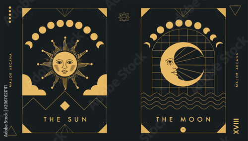 Mystical Sun and Moon Tarot Illustration in Gold Line Art.eps