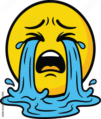 Tableau sur toile Loudly Crying Emoji Face with Heavy Tear Streams and Splash Puddle Vector