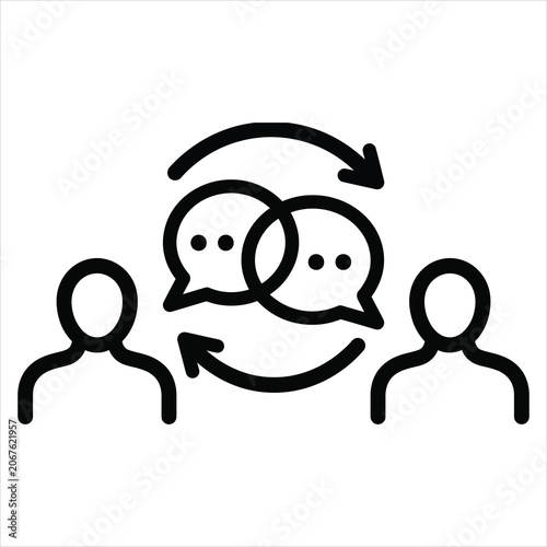 Two people communicating with speech bubbles and exchange arrows illustrating conversation flow