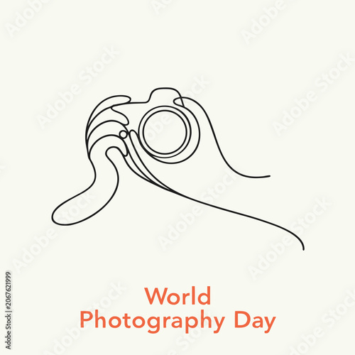 World Photography Day, camera icon, line art illustration, hand holding camera