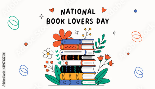 National Book Lovers Day, book stack, floral illustration, colorful icons, vector graphics