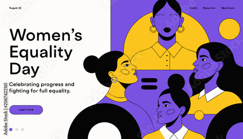 Women's Equality Day, equality icons, diversity illustrations, purple yellow graphics, social justice symbols, feminist art