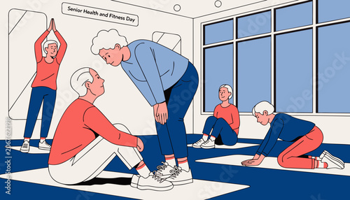 Senior citizens exercising, yoga poses, fitness class, elderly people stretching