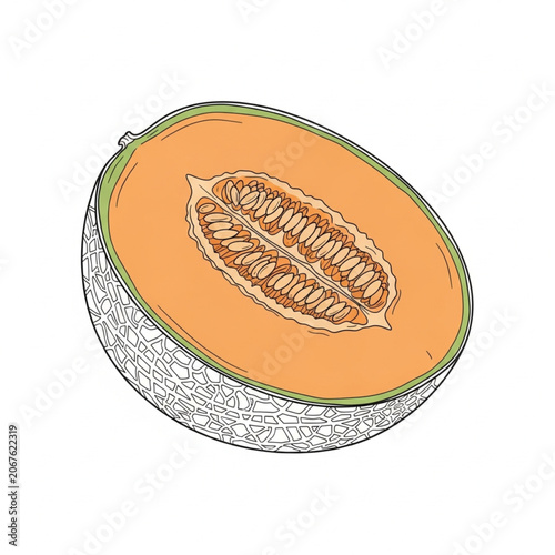 Hand Drawn Illustration Of A Half Ripe Cantaloupe