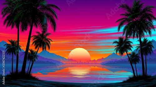Retro Synthwave Tropical Beach Background with Neon Sunset Sky and Palm Trees