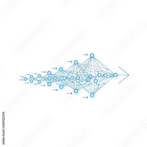 Neural network, artificial intelligence, deep learning, blue connections, futuristic technology