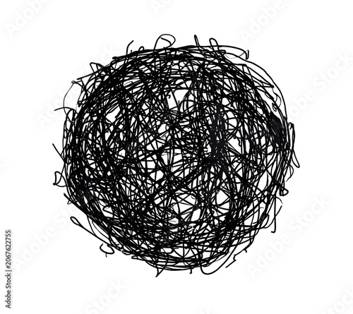 Dense black scribble circle isolated on white background, chaotic abstract texture.