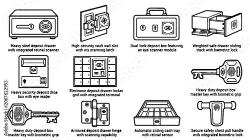 Collection of high security vault and safe deposit box icons with biometric scanners and digital locks.