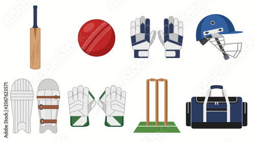 A comprehensive collection of essential cricket equipment including bat, ball, helmet, gloves, pads, stumps, and kit bag.