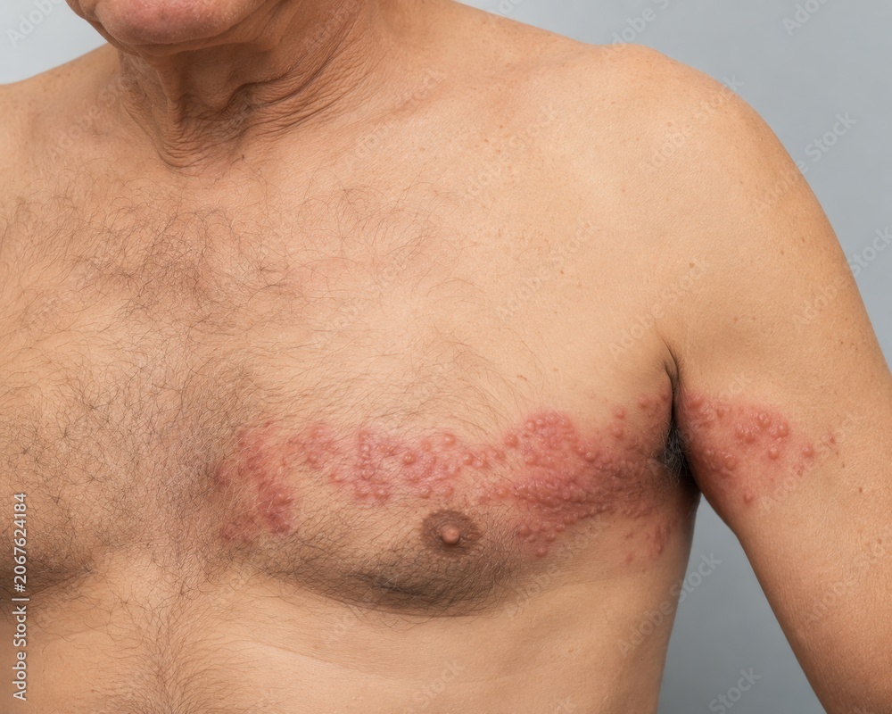 Fototapeta premium Herpes Zoster Shingles Vesicular Rash Extending Across Chest and Shoulder of Mature Male in Dermatomal Band Against Gray Background