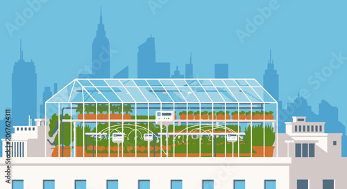 Rooftop Greenhouse Cultivating Fresh Produce in Urban Environment.
