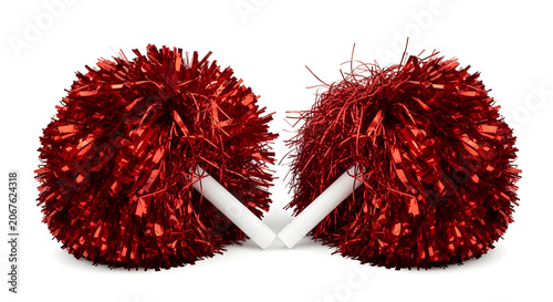 Pair of red cheerleading pom poms isolated on white background