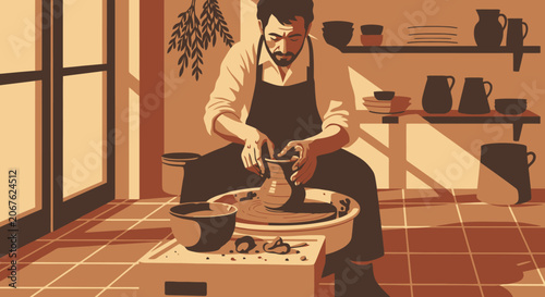 Skilled artisan meticulously shaping clay on a pottery wheel.