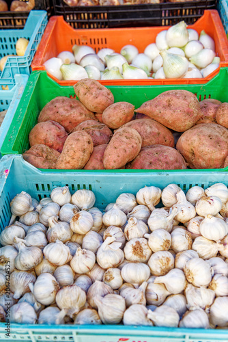 Fresh garlic, sweet potatoes, and white onions