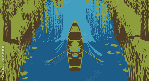 Small wooden boat with oars navigating a narrow waterway.