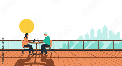 Two people sitting at a table on a balcony discussing business.