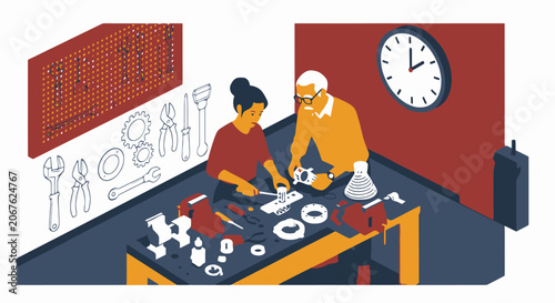 Two people working together at a table, focused on a detailed task.