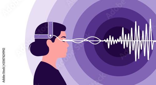Woman wearing VR headset experiencing sound waves visualization.