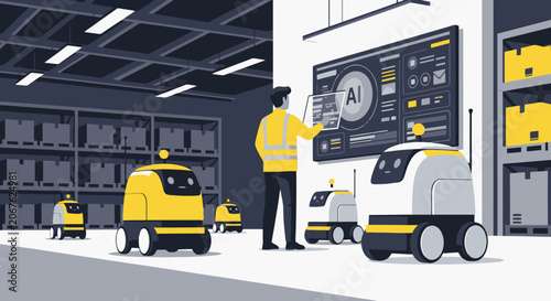 Worker monitoring autonomous robots in a smart warehouse.