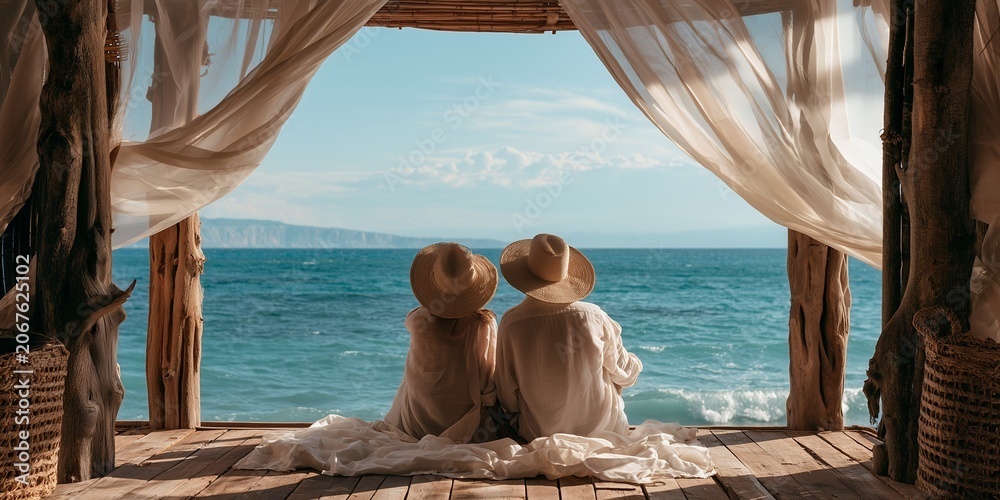 Obraz premium Couple in hats relaxes on a rustic deck under drapes, overlooking the blue sea and distant horizon, concept for travel, vacation and luxury resort advertising