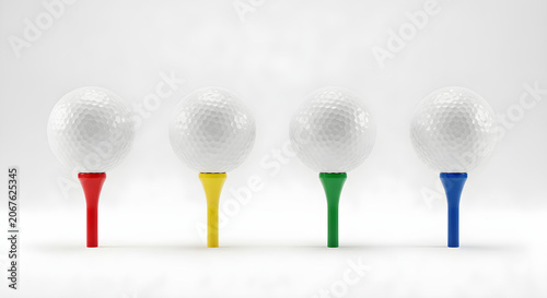 Four white golf balls on colorful tees isolated on white background