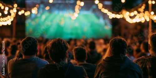 Rear view of people watching a football game on a large outdoor screen at night, with festive bokeh lights, concept for outdoor entertainment, community events and public viewing