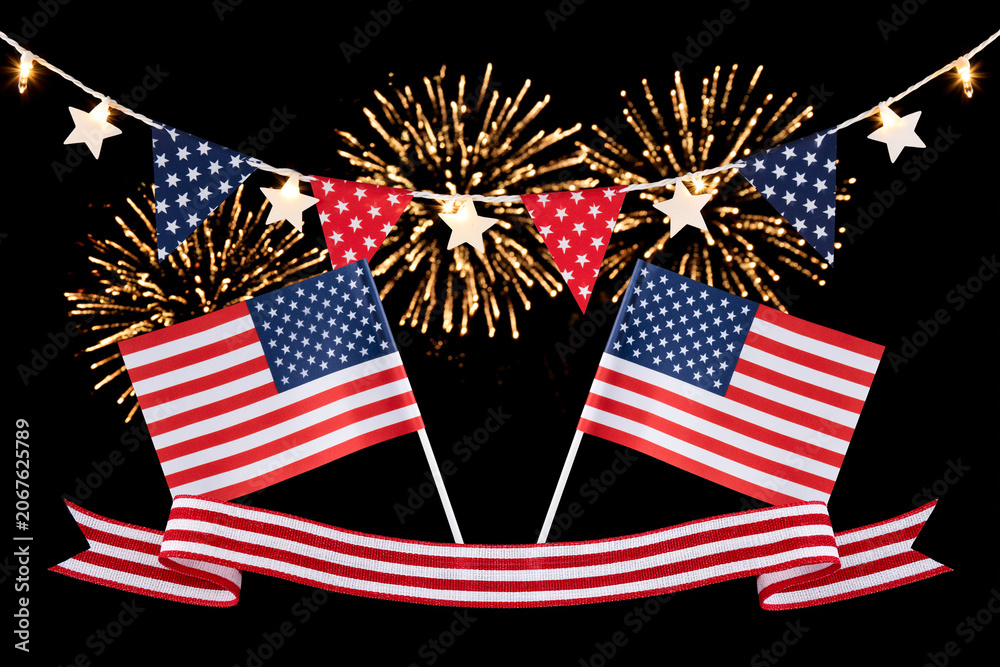 Obraz premium Celebratory display of American flags, bunting, and fireworks, evoking patriotism and national pride